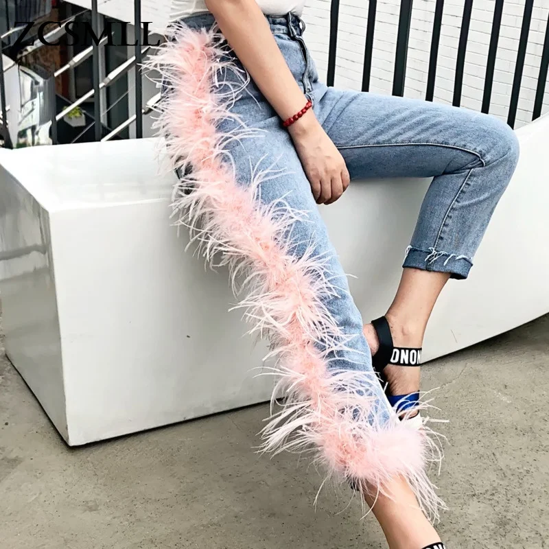 

LANMREM 2021 New Fashion Women High Waist Broken Tassels Fur Patchwork Washted Jeans Female Pants WH61705L High Street