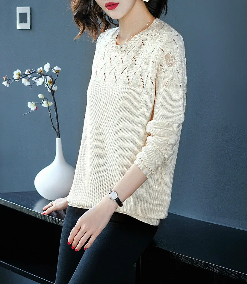 Весенний тонкий свободный свитер для девочек вязаные крючком пуловеры из