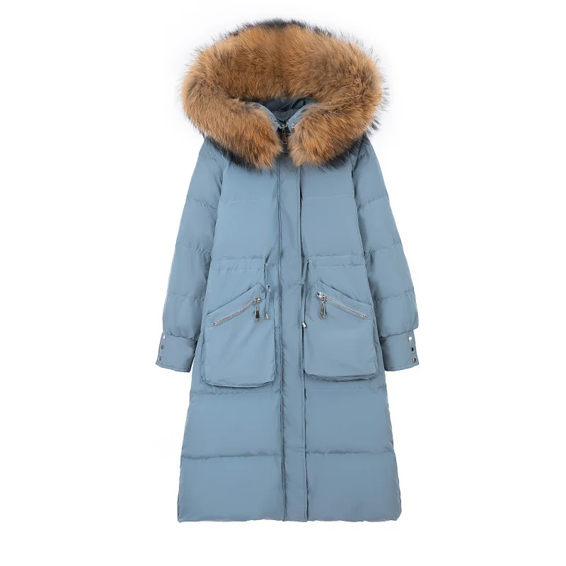 

Fashion luxury brand big fur collar down jacket woman hooded long white duck down loose warm women down jacket ultralight