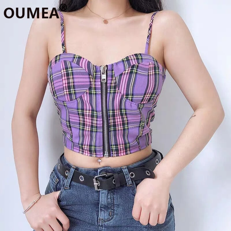 

OUMEA Women Check Crop Top Front Zipper Spaghetti Strap Vintage Plaid Sleeveless Top Female Summer Sexy Beach Crop Tops XXS-XXL