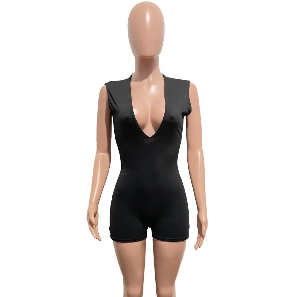 

2021 European new fashion solid slim sports Jumpsuit casual V-neck sleeveless women's Vest shorts