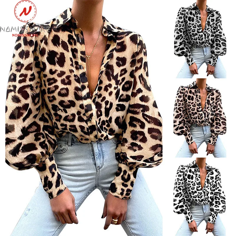 

Fashion Women Leopard Print Shirts for Streetwear Single-Breasted Design Turn-down Collar Shirt Sleeve Casual Cardigan Top