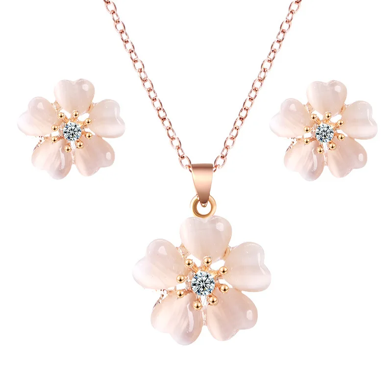 

DSHI25 Fashion Jewelry Set Crystal Opal Mosaic Flower Pendant Necklace Earrings Set