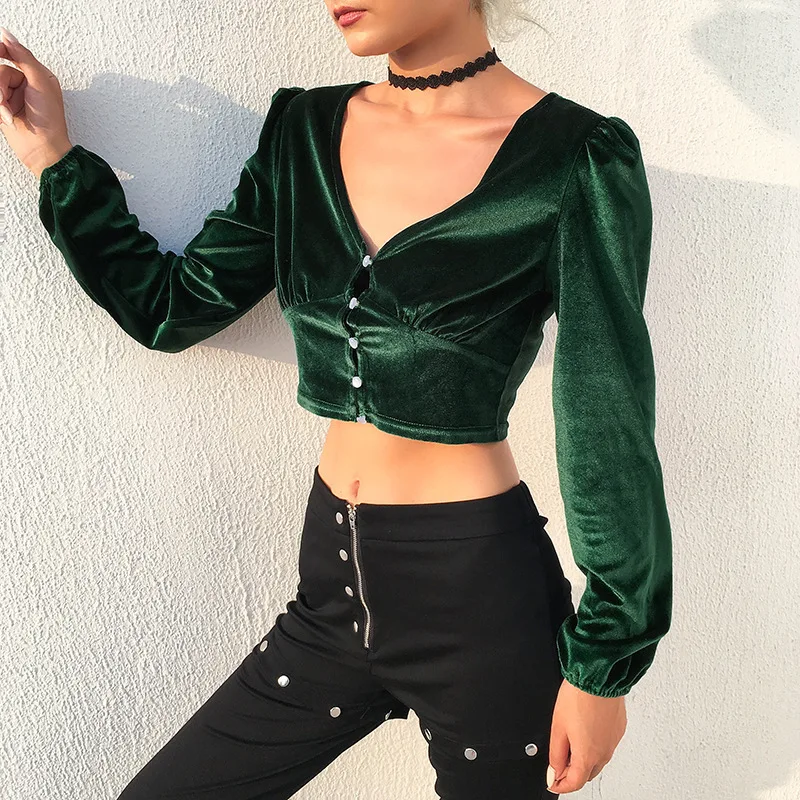 Женская бархатная однобортная Футболка темно-зеленая футболка с V-образным