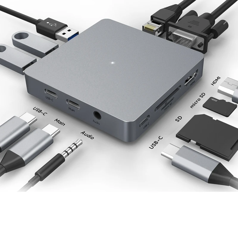 

Docking Station Hub Adapter 11 in 1 Type-C to HDMI VGA Micro-SD USB-C Aluminum Shell Dock Type C for Computer/Laptop