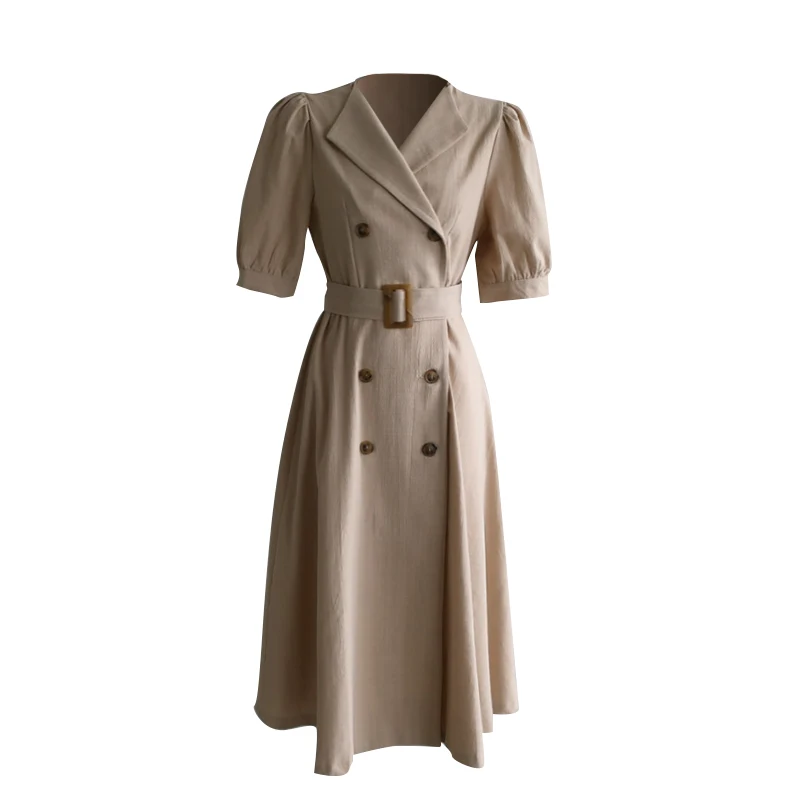 

Fashion women's dress for spring 2021 new style elegant lapel double-breasted belt thin A-shaped puff sleeve dress