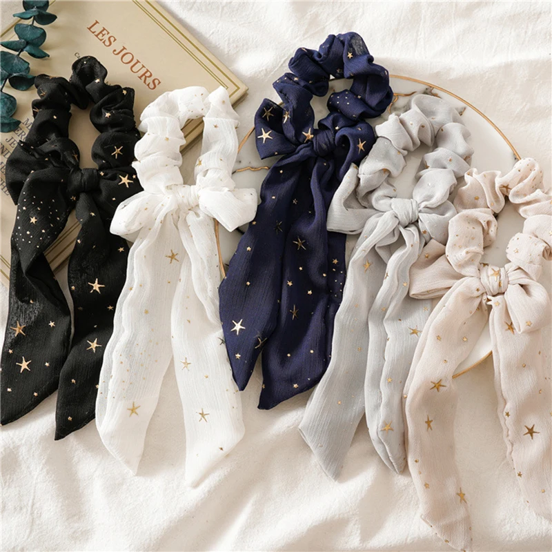 

Stars Chiffon Bow Scrunchies Solid Color Long Hair Ribbon For Women Ponytail Hair Band Sweet Elastic Hair Accessories