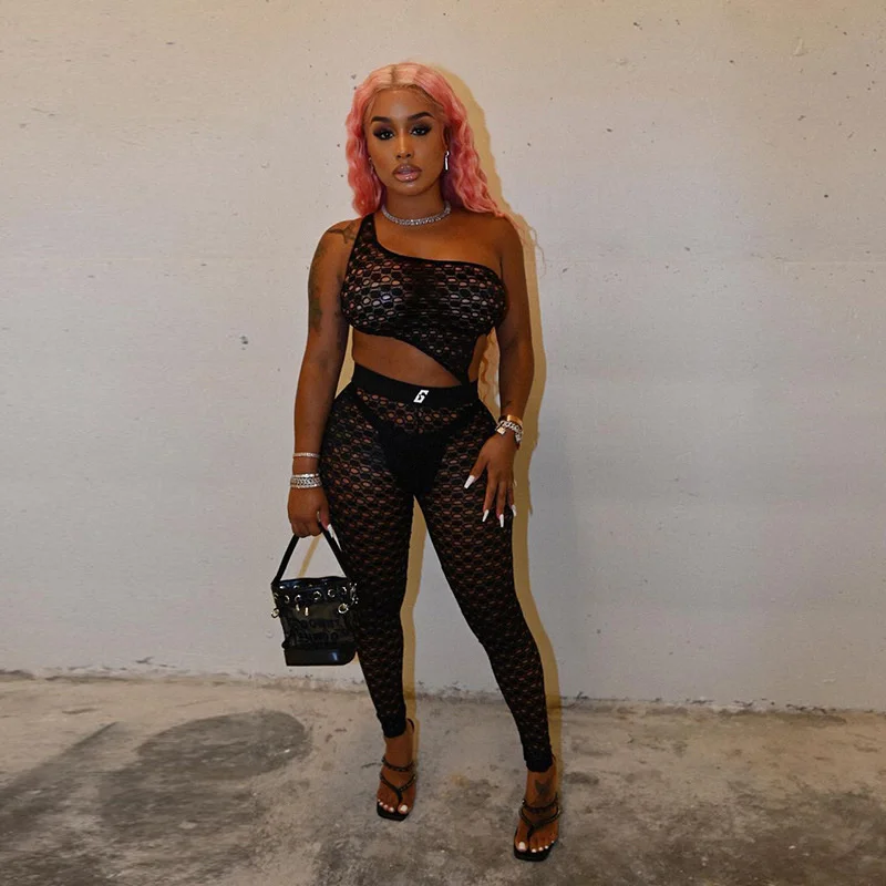 Прозрачный комплект из 2 предметов короткий топ на одно плечо летний брюк женский