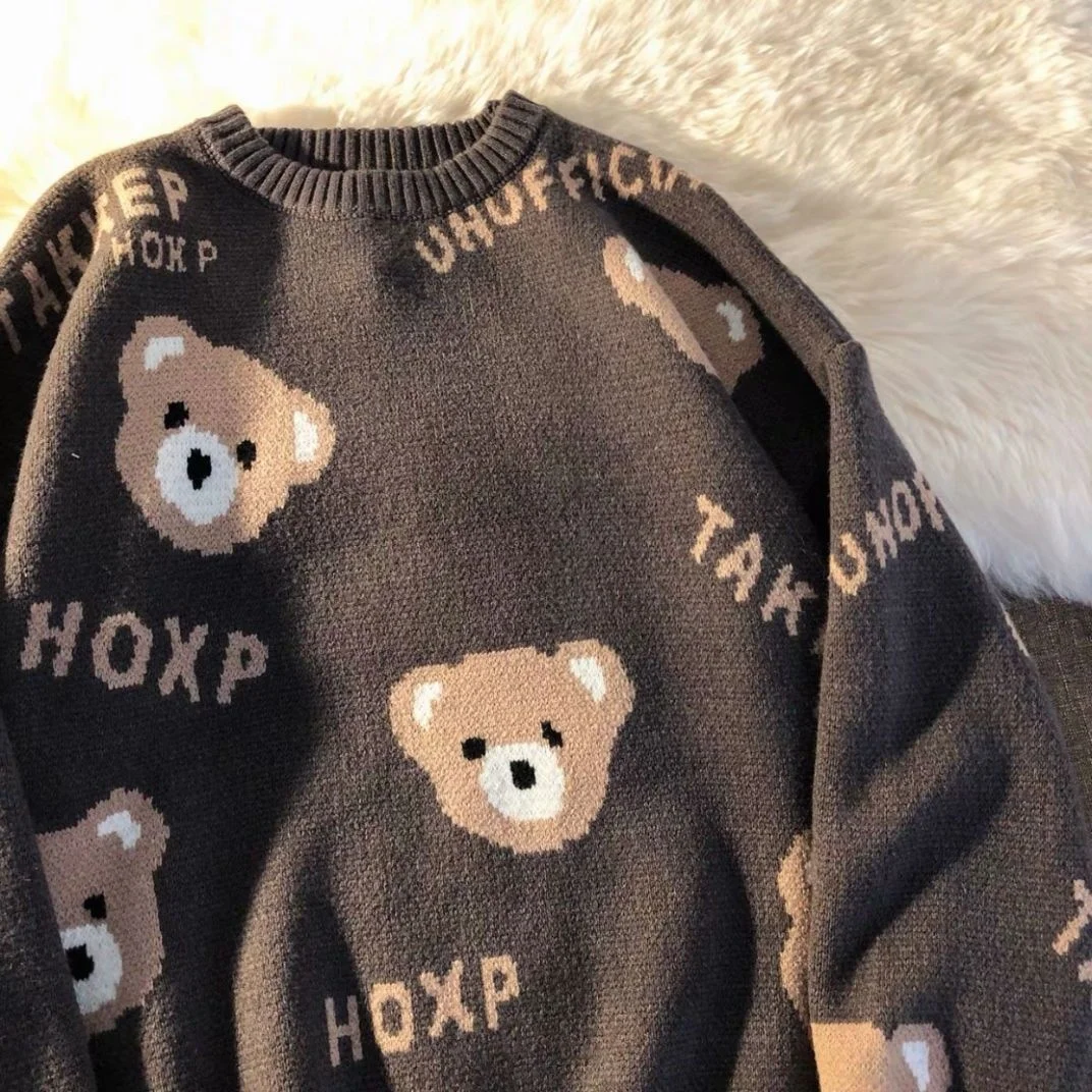 

New Year's cute bear wine red sweater spring couple outfit loose wild pullover sweater for men and women 2021 net red sweater
