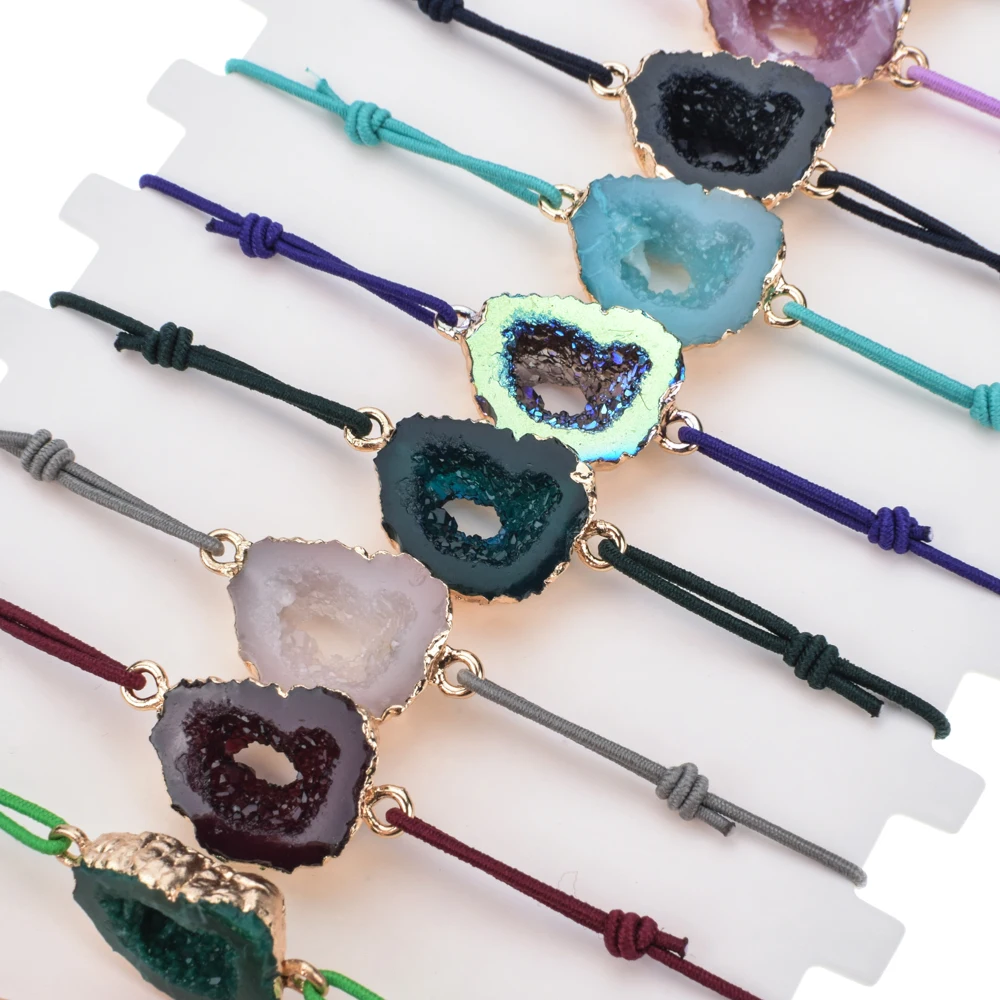 12 pcs/lot Natural Stone Drusy Charm Bracelets For Women Men Handmade Elasric Rope Bracelet Wristband Bohemia Children Jewelry