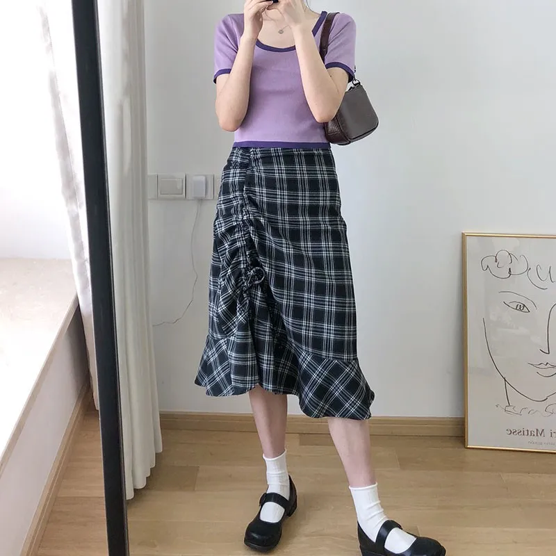 

Casual Maxi Skirt Women Summer Vintage High Waist Wild Plaid Print Skirt