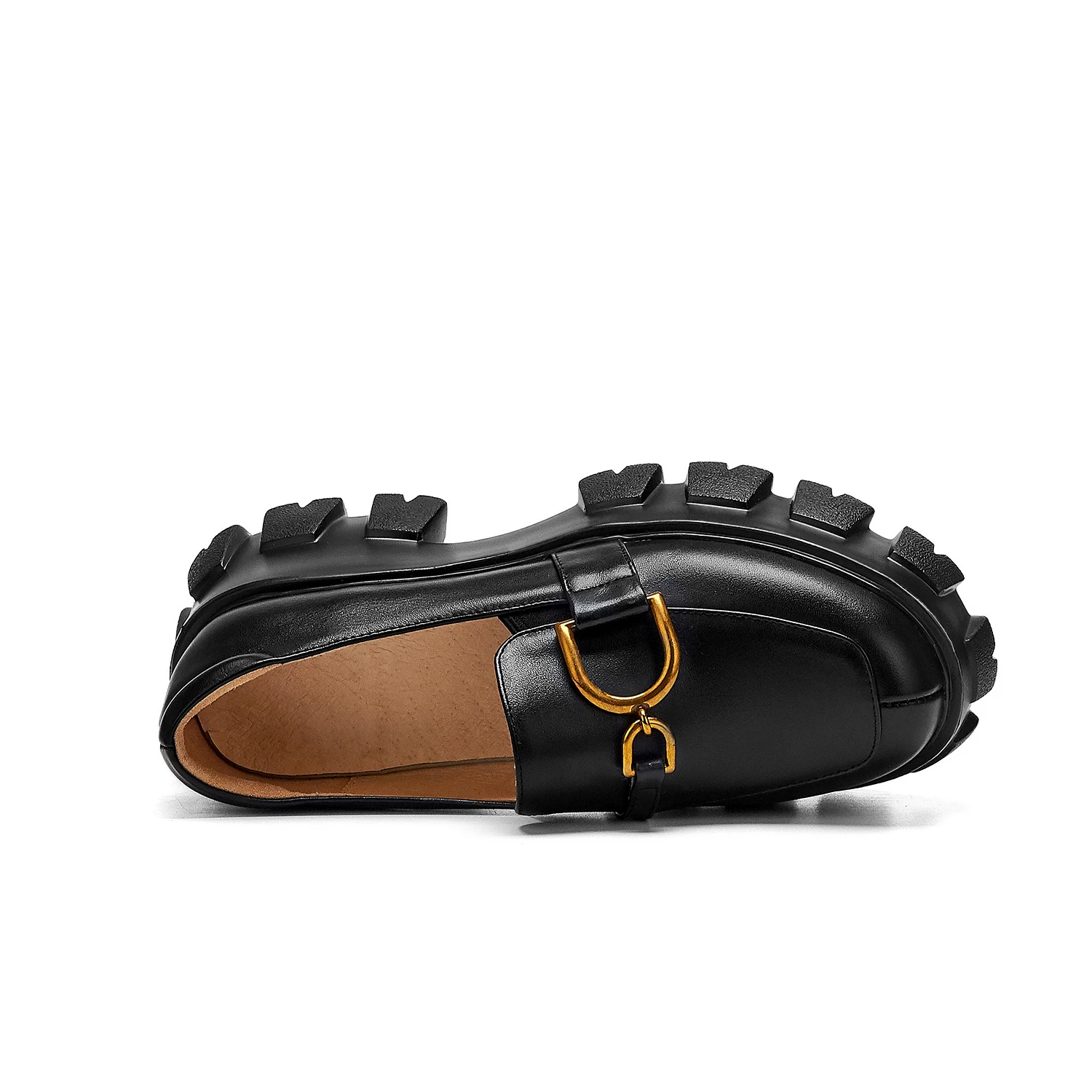 

Women Genuine Leather Thick Soled Sneakers Metal Decoration Slip-on Loafers Women Black Beige Women Casual Shoes Boat Shoes