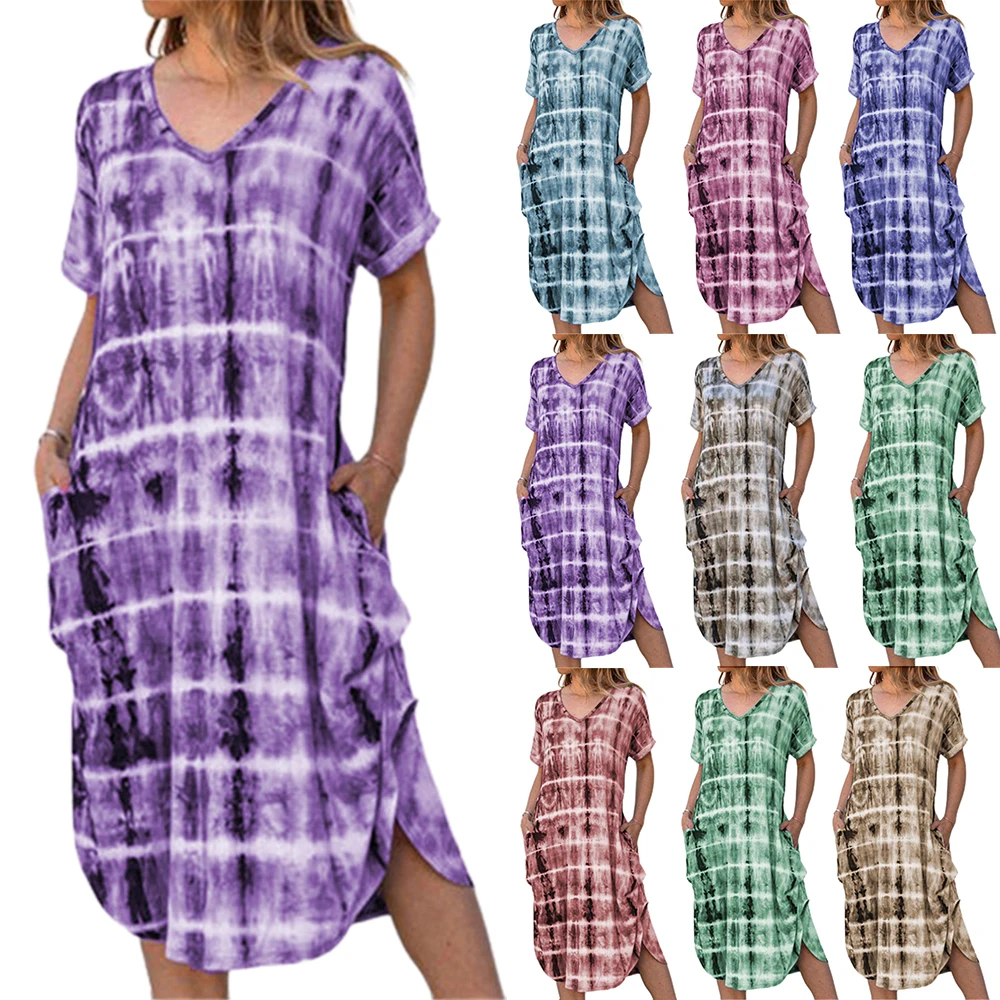 

Women Casual Plaid Printed V Neck Short Sleeve Pockets Dress Beach Holiday Loose Dress 2021 Robe Mujer Vestido Midi