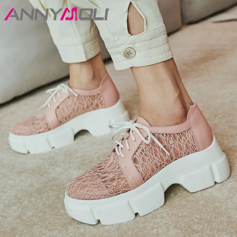 

ANNYMOLI Natural Genuine Leather Flat Platform Shoes Woman Cutouts Flat Shoes Lace Up Round Toe Ladies Footwear Pink Apricot 39