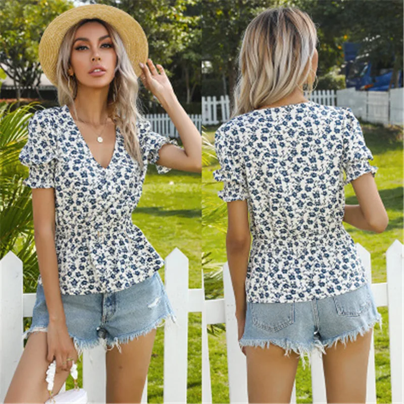 

Summer Casual Women Chiffon Shirts V-neck Printing Female Blouses Flare Sleeve Lady Summer Top