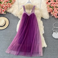 elegant womens summer purple beach dress robe loose casual gradient color net yarn pleated strap dress female vestidos