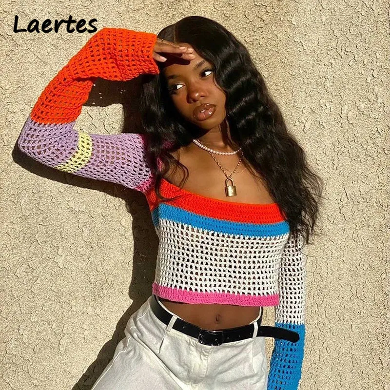 

Laertes Повседневный осенний 2021 женский свитер с длинным рукавом Свободный вязаный сексуальный ажурный оранжевый розовый винтажный Y2K женская...