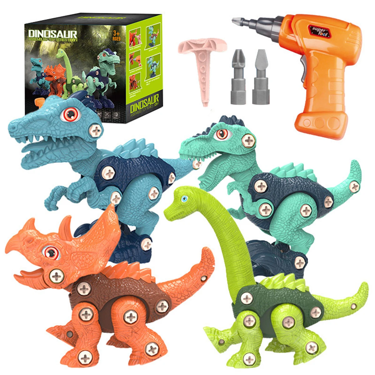Juego de construcci&oacute;n de dinosaurio t-rex para ni&ntilde;os, con taladro el&eacute;ctrico, dinosaurios, puzle, regalo-0