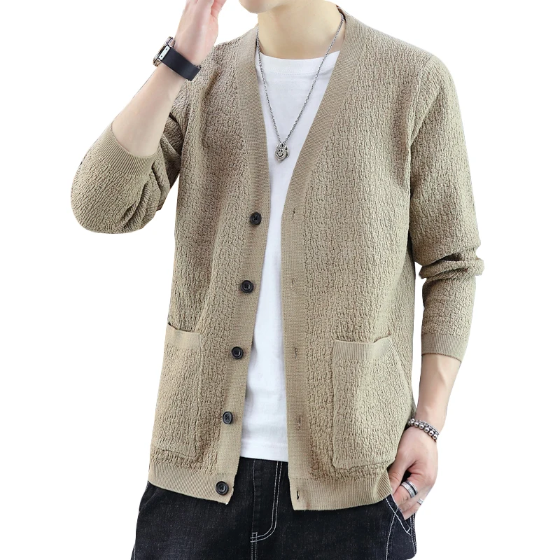 

2021 Men's Casual Knitted Cardigan Coat V-Neck Solid Sweaters Man Pocket Black Khaki Long Sleeve Slim Fitted Autumn Clothing