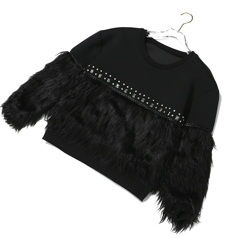 

JCHB 2021 Diamonds Women Autumn Sweatshirt Spring Fur Decoration Pullover Sweartshirt