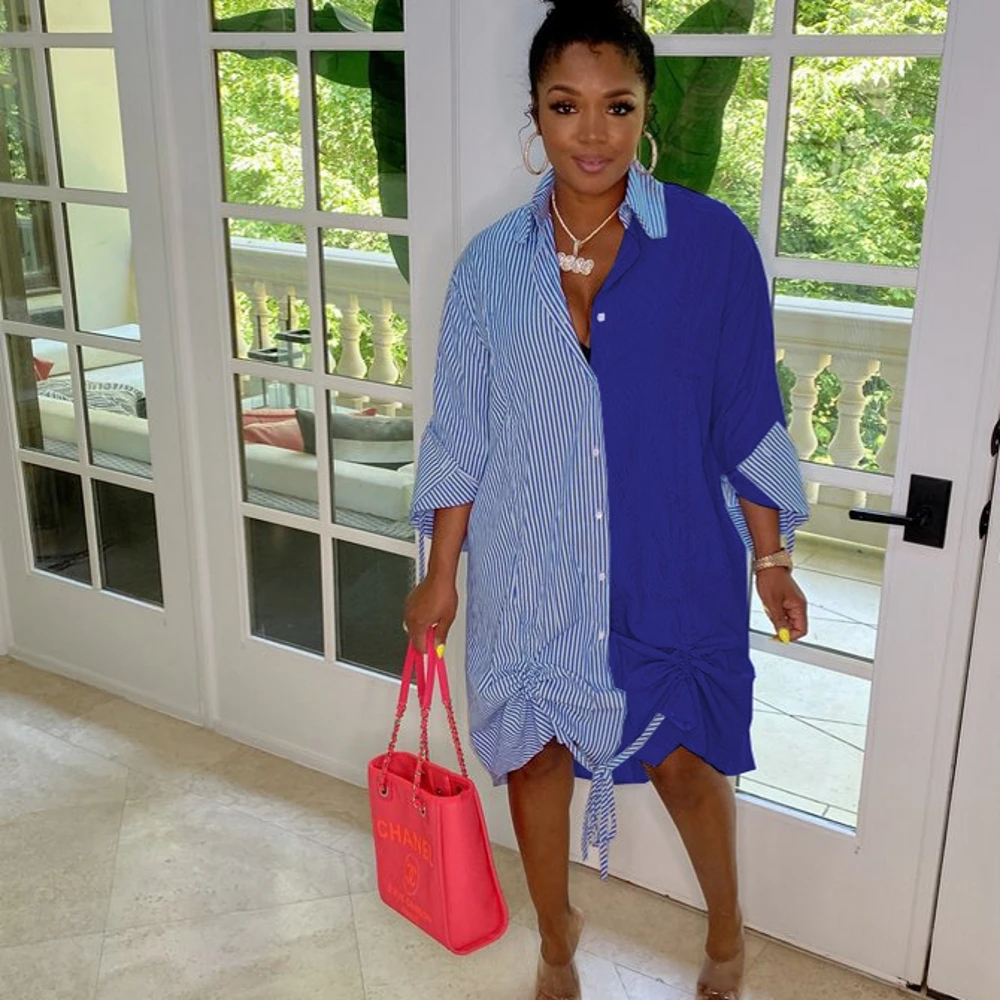 

Ladies Dress Fashion Color Matching Slim Long Sleeved Shirt Dress Casual Home Street Commuter Stripe Printing Dress Women