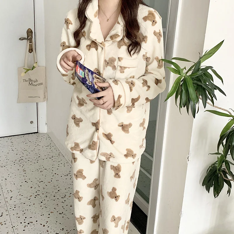Couple Lovers Kawaii Bear Autumn Winter Pajamas Set Women Single Breasted Shirts + Trouser Set Two Piece Home Suit Sleepwear