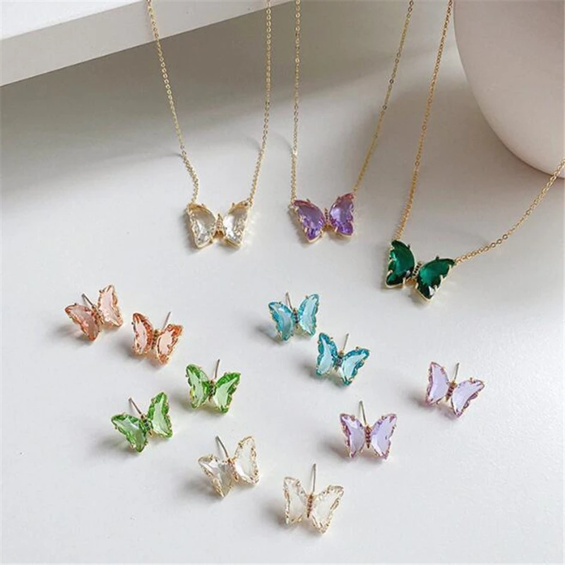 

Fashion Stainless Steel Nine Colors Crystal Butterfly Pendant Necklace For Women Glamour Female Color Butterfly Necklace Jewelry