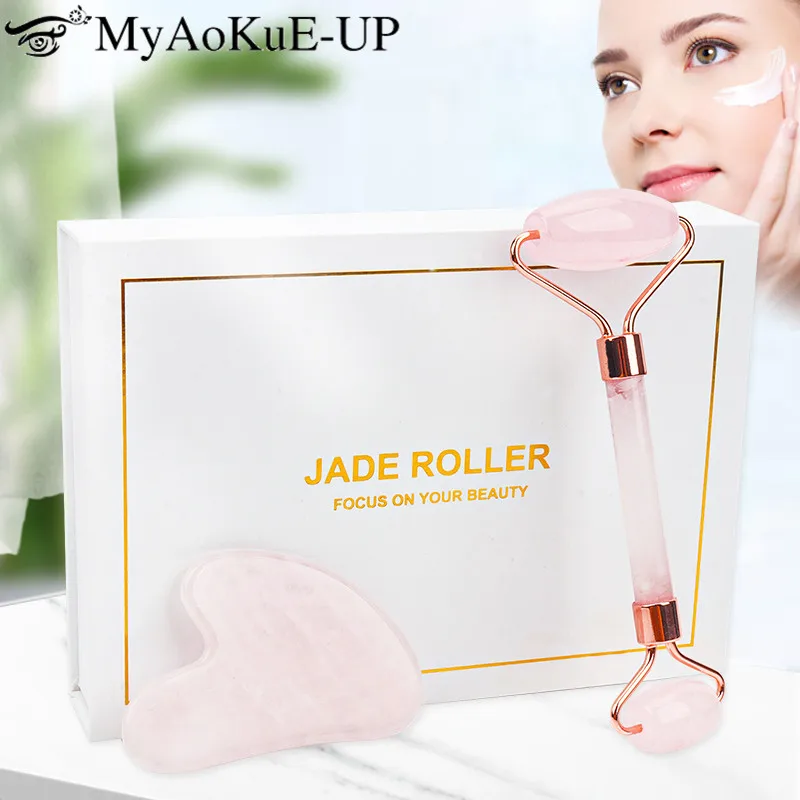 

Gua sha Massager for face natural stone rose quartz jade roller Facial lift Gouache scraper set skin care beauty health Tool