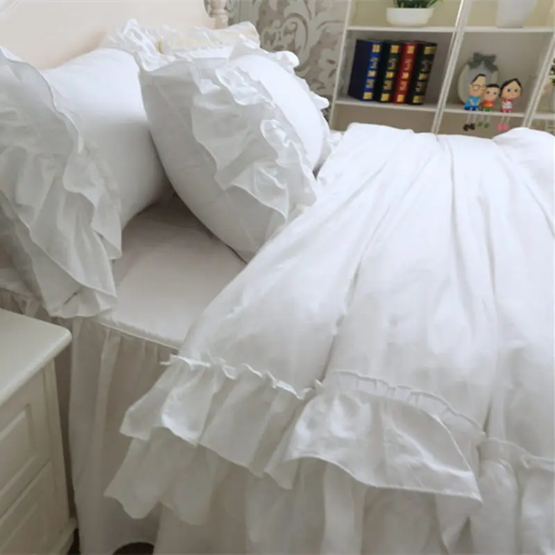 Полный белый комплект постельного белья двухслойный пододеяльник с рюшами