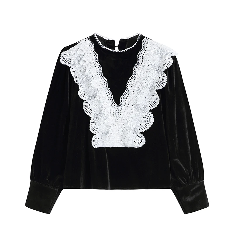 

New Retro French Palace Style Lace Stitching Black Velvet Short Blouse Female Long Sleeve Base Tops Temperament Round Neck Women