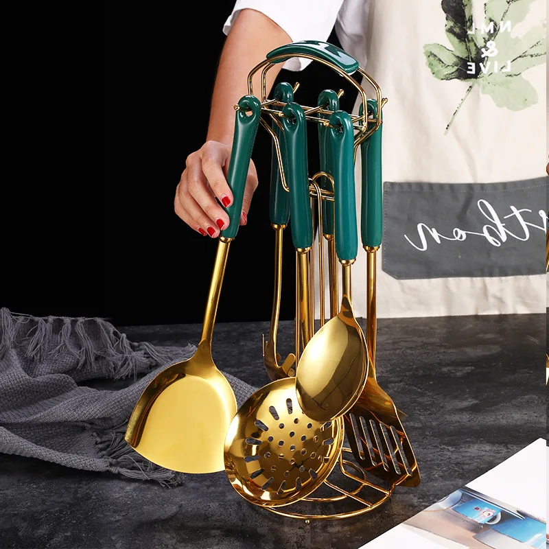

Luxury Kitchen Cooking Set with Ceramic Handle Stainless Steel Shovel Spoon Nordic Cookware Kitchenware Sets