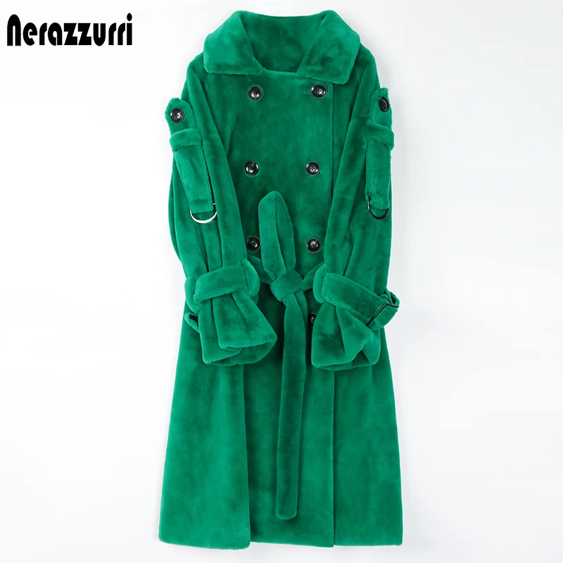Nerazzurri Long Warm Thick Soft Fluffy Faux Fur Trench Coat for Women 2022 Double Breasted Pink White Green Winter Fashion Belt
