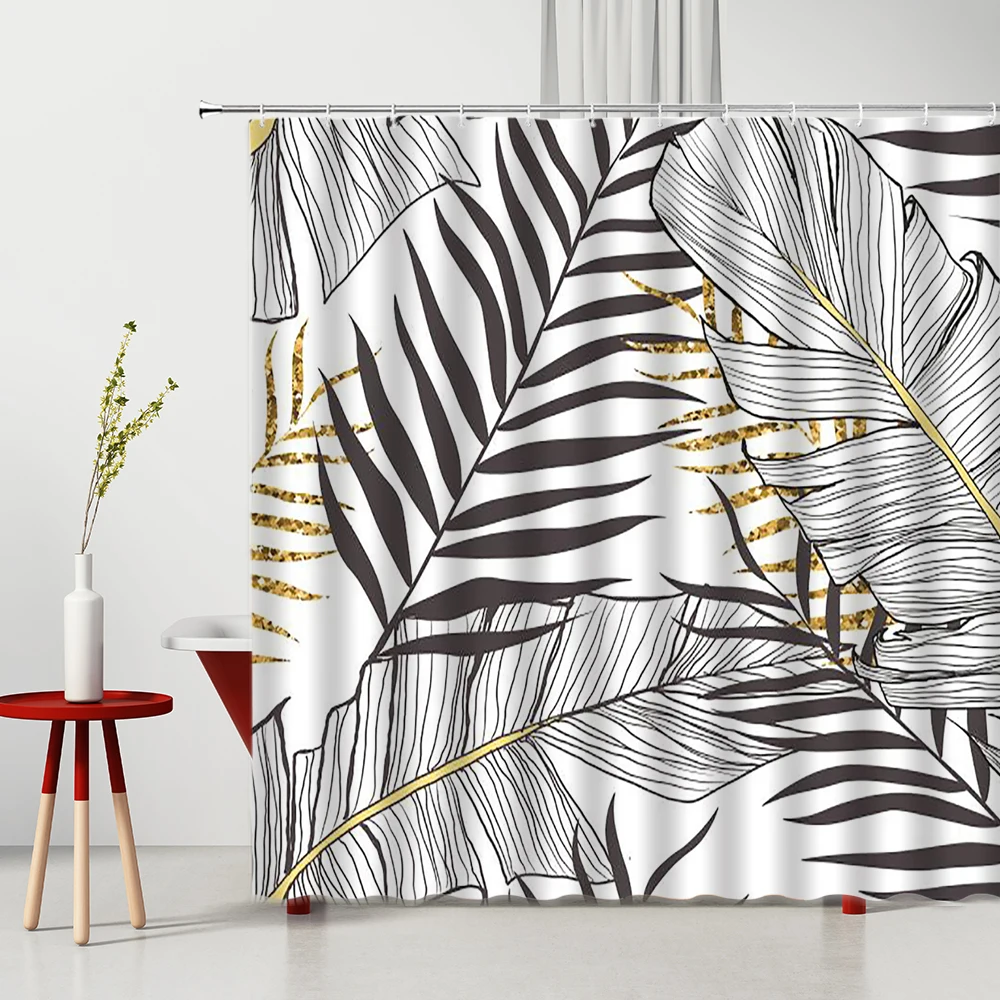 

Nordic Black And White Leaves Shower Curtain Modern Simple Art Tropical Monstera Home Decor Polyester Bathroom Cloth Curtains