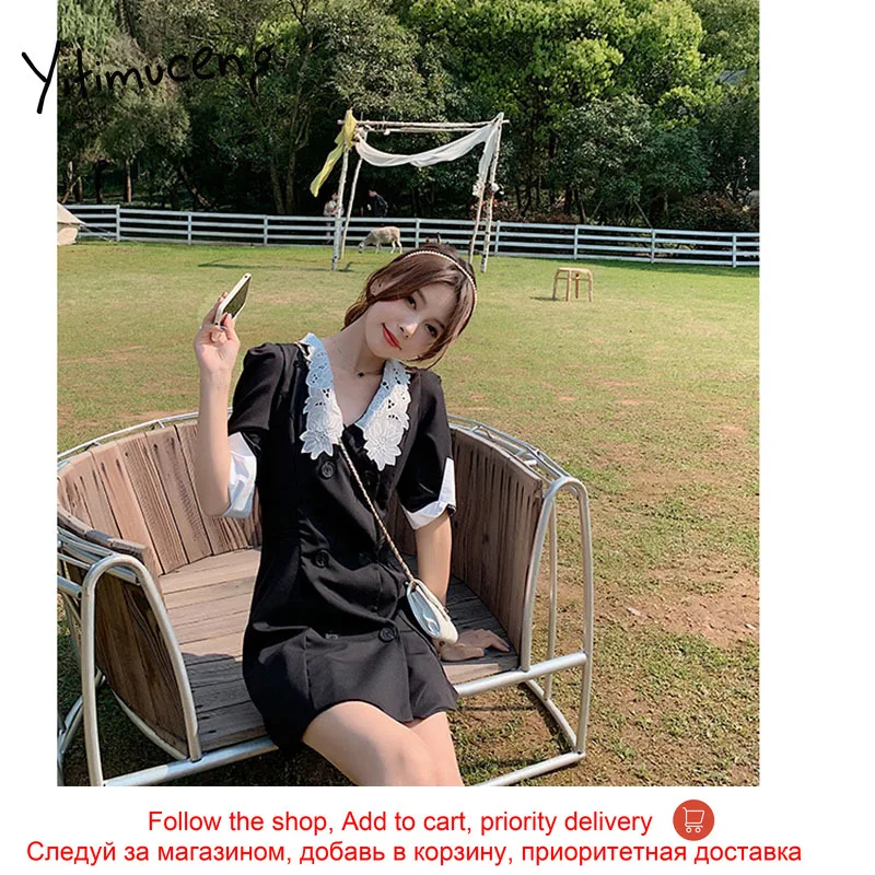 

Yitimuceng Button Dresses For Women A-Line Mini Solid Spring 2021 Puff Sleeve V-Neck Short Sleeve High Waist Vintage Clothes New