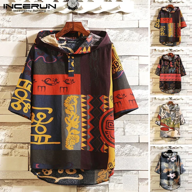 

Мужская рубашка с капюшоном INCERUN, хлопковая винтажная блузка с полурукавами, с принтом в этническом стиле, пуловеры с пуговицами