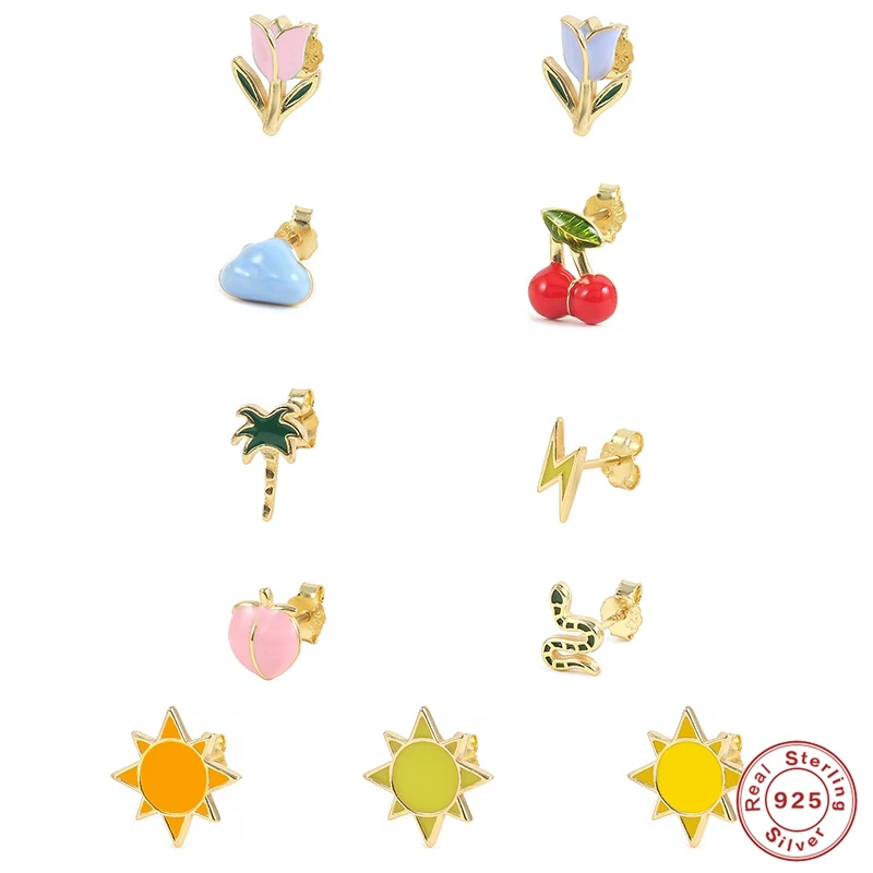 

AIDE Single Summer Fruit Cherry Stud Earring for Women Animal Snake Piercing Earrings 925 Sterling Silver Jewelry Pendientes