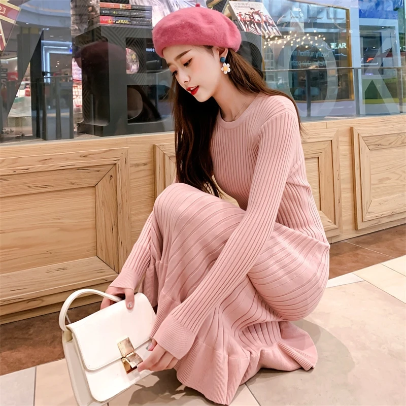 

2021 Long Sweater Dress Women Maxi Robe Knit Fishtail Winter Dresses Plus Size Clothing O-neck Solid Vestido
