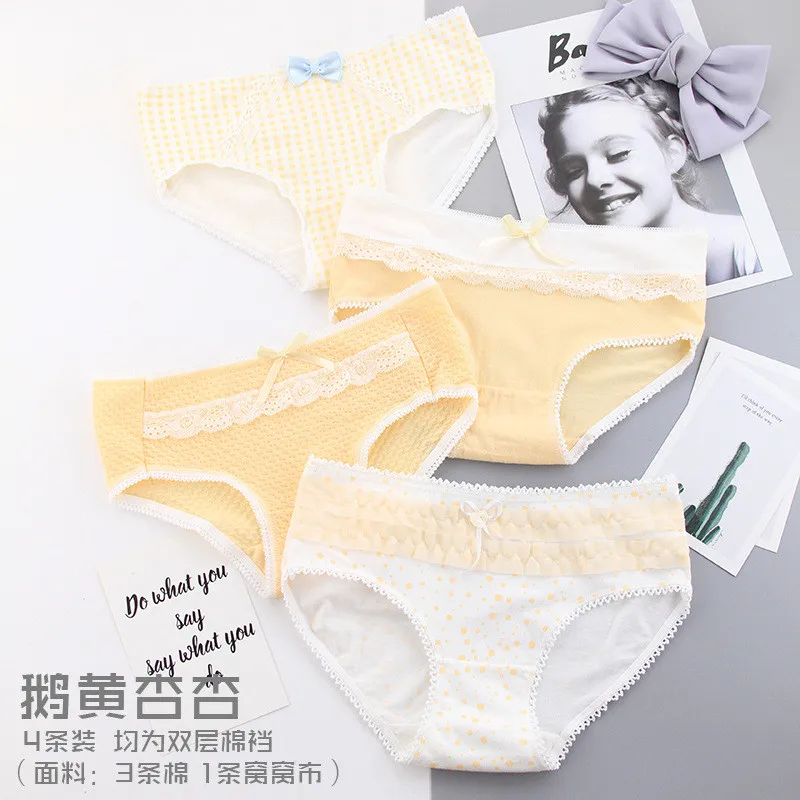 Yellow apricot 4 шт., трусики, милые розовые трусы для девочек, удобные хлопковые трусы для молодых девушек, Новое Стильное детское нижнее белье для подростков - Цвет: Yellow apricot