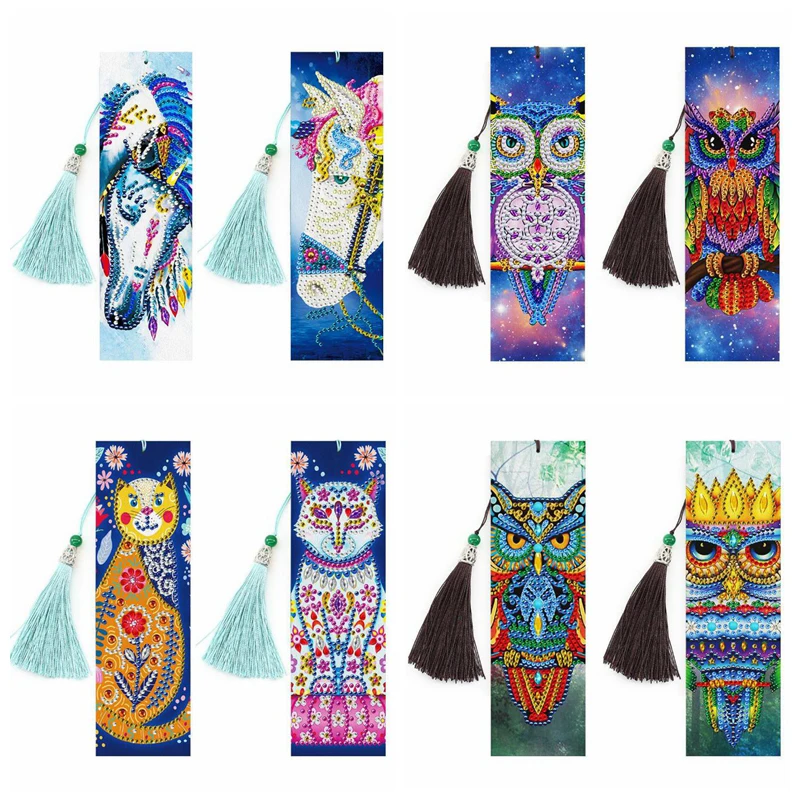 

5D DIY Special Shaped Diamond Painting Leather Bookmark Unicorn Owl Diamond Embroidery Craft Tassel Book Marks for Books