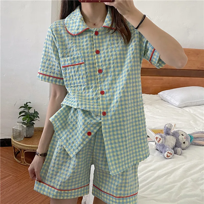 

Harajpee Japanese Sleepwear Women 2021 Summer New Sweet Plaid Printing Turn-down Collar Short Sleeve Cotton Soft Home Wear Suit