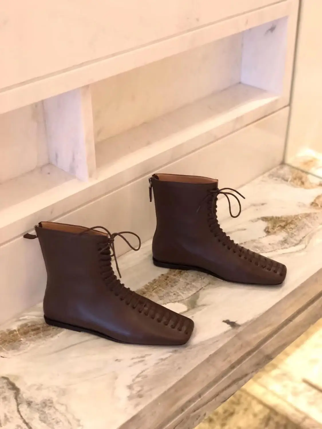 Женские ботильоны из овечьей кожи на плоской подошве со шнуровкой 2019|Женские