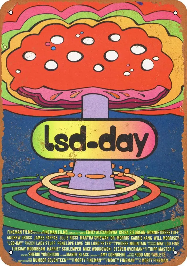 

Letrero de estaño de Metal para decoración de pared del hogar, LSD Day Movie, 8x12 pulgadas, Vintage, para Bar, café, Club, 1971