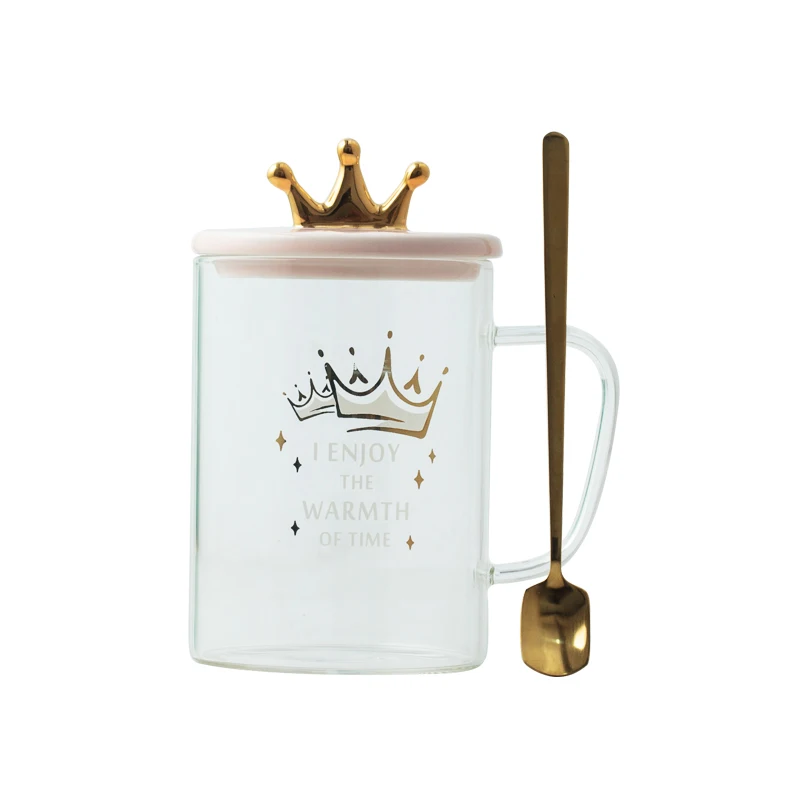 

ins Summer Crown Glass Cup Cute Flower Tea Juice Cup oatmeal breakfast cup with lid Ceramic Mug