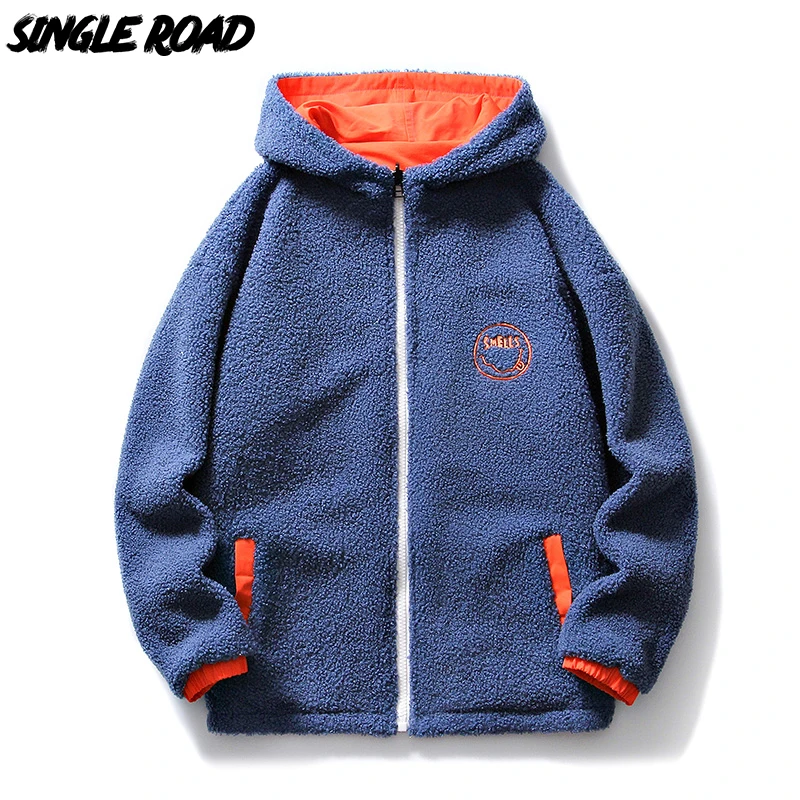 

Single Road Mens Hoodies Men 2021 Winter Fleece Zipper Coat Sweatshirt Oversized Japanese Streetwear Blue Hoodie Men Sweatshirts