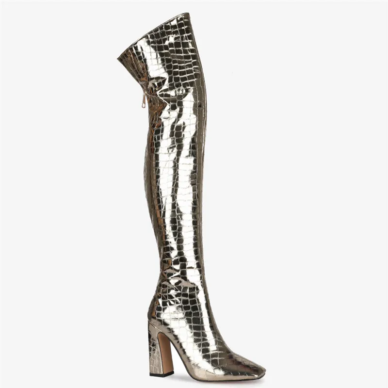 

Autumn Winter Plus Velvet Ladies Over The Knee Boots Gold Women's High Heels Side Zipper Fashion Female Boots Large Size 34-45