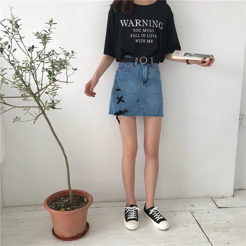 

Spring Summer Women Mini Denim Skirt High Waist A-Line Tight Skirts Short Side Bandage Bow Fashion Skirt All Match Streetwear