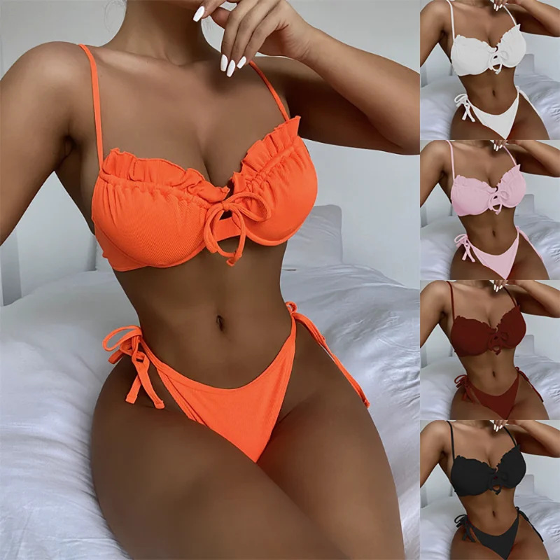 

Women Push Up Bikini Set Ruffle Strappy Bathing Suits 2 Pieces Sexy High Cut Thongs White Swimsuit Brazilian Swimwear Beach Wear