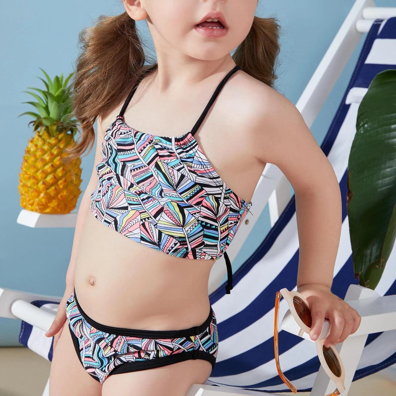 

New Children Swimwear Toddler Girls Kids Swimsuit Sling Feather Geometry Print Beach Bikini Swim Suit 2021 Fashion Girl Swimwear