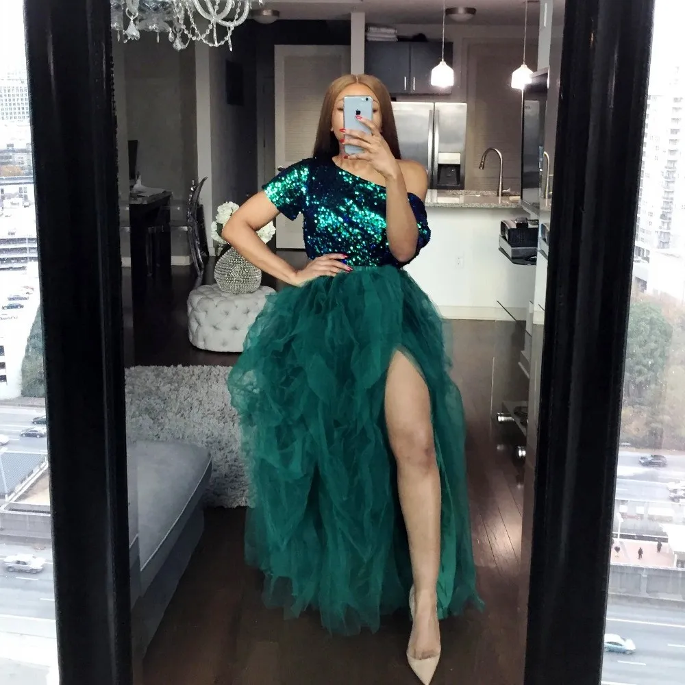 

Платье для выпускного вечера с блестками в африканском стиле, юбка-пачка на одно плечо с коротким рукавом, из двух предметов, коктейльное ве...