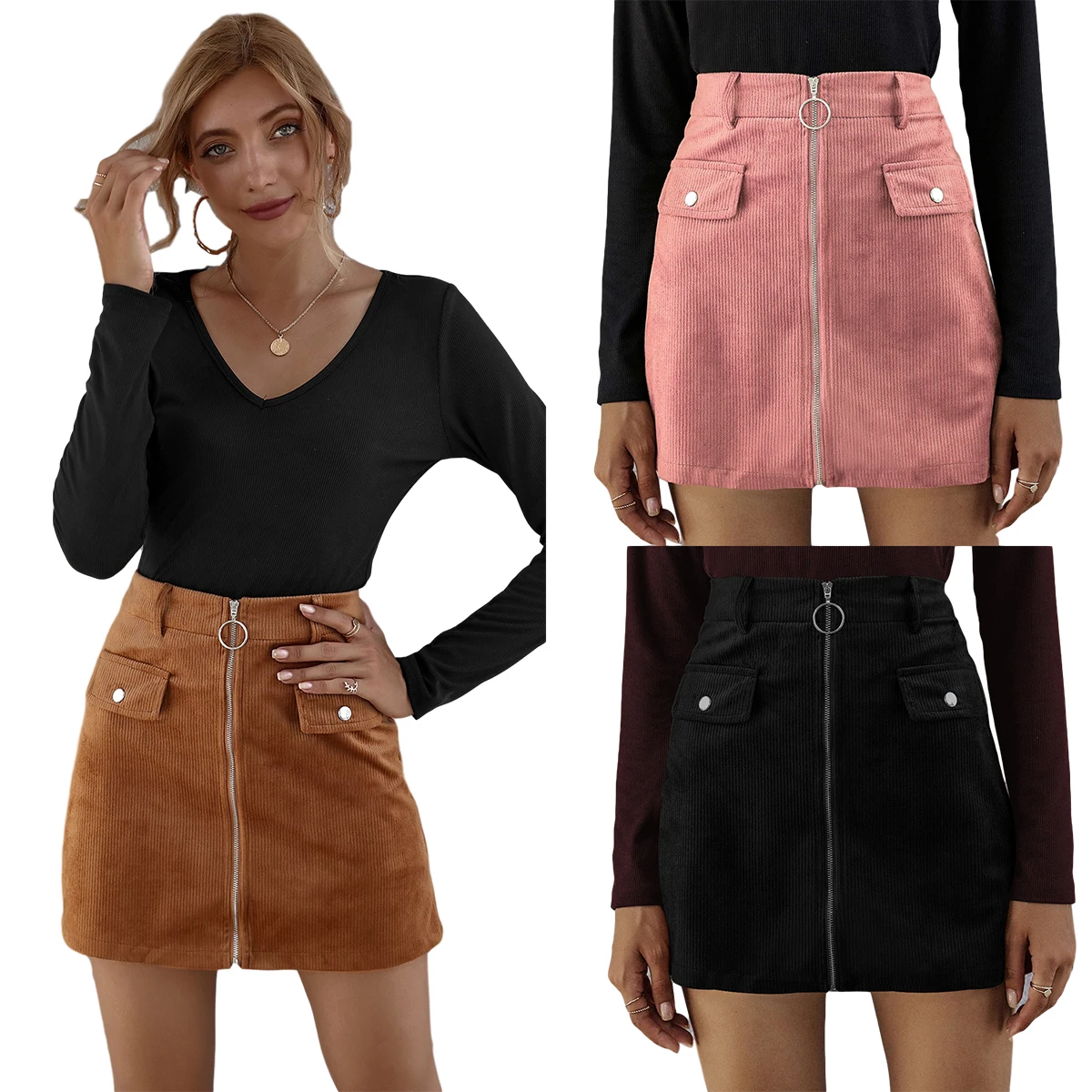 

Women Casual Sexy A-Line Skirts Leopard Solid Color Stylish Corduroy Bodycon Zipper Mini Skirts